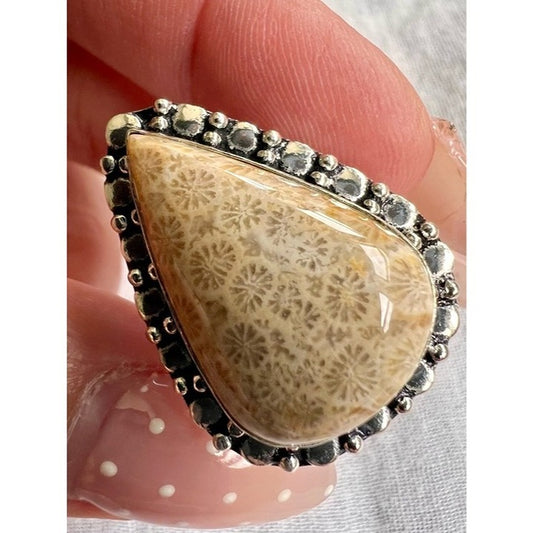 925 Spirit Ancestors Agatized Fossil Coral Ring 7.75