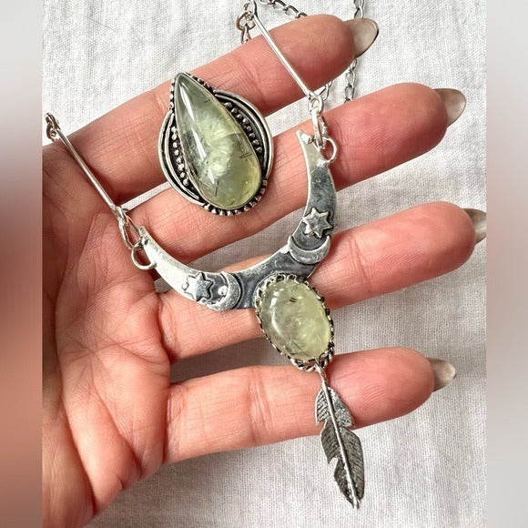 925 Moss Prehnite Boho Feather Pendant Necklace