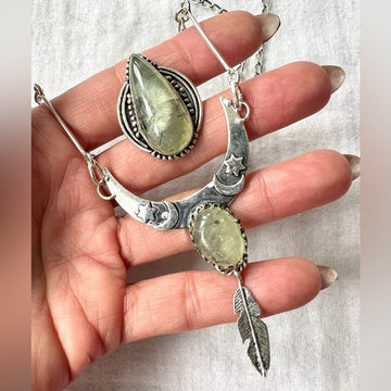925 Moss Prehnite Boho Feather Pendant Necklace