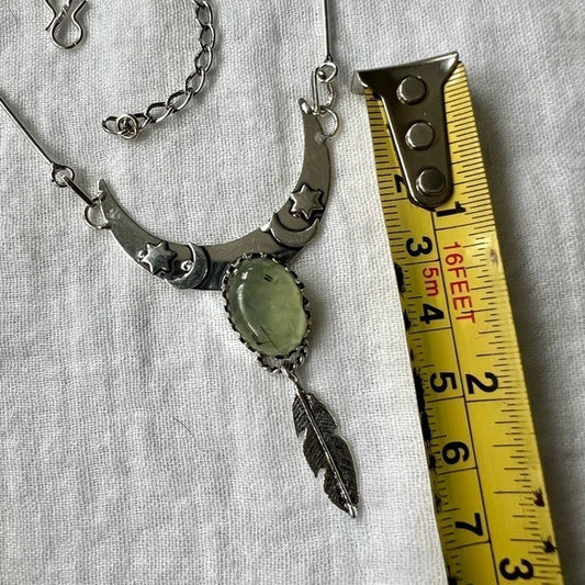 925 Moss Prehnite Boho Feather Pendant Necklace