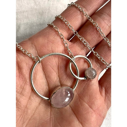 925 Mother Child Rose Quartz LOVE Orbit Pendant Necklace