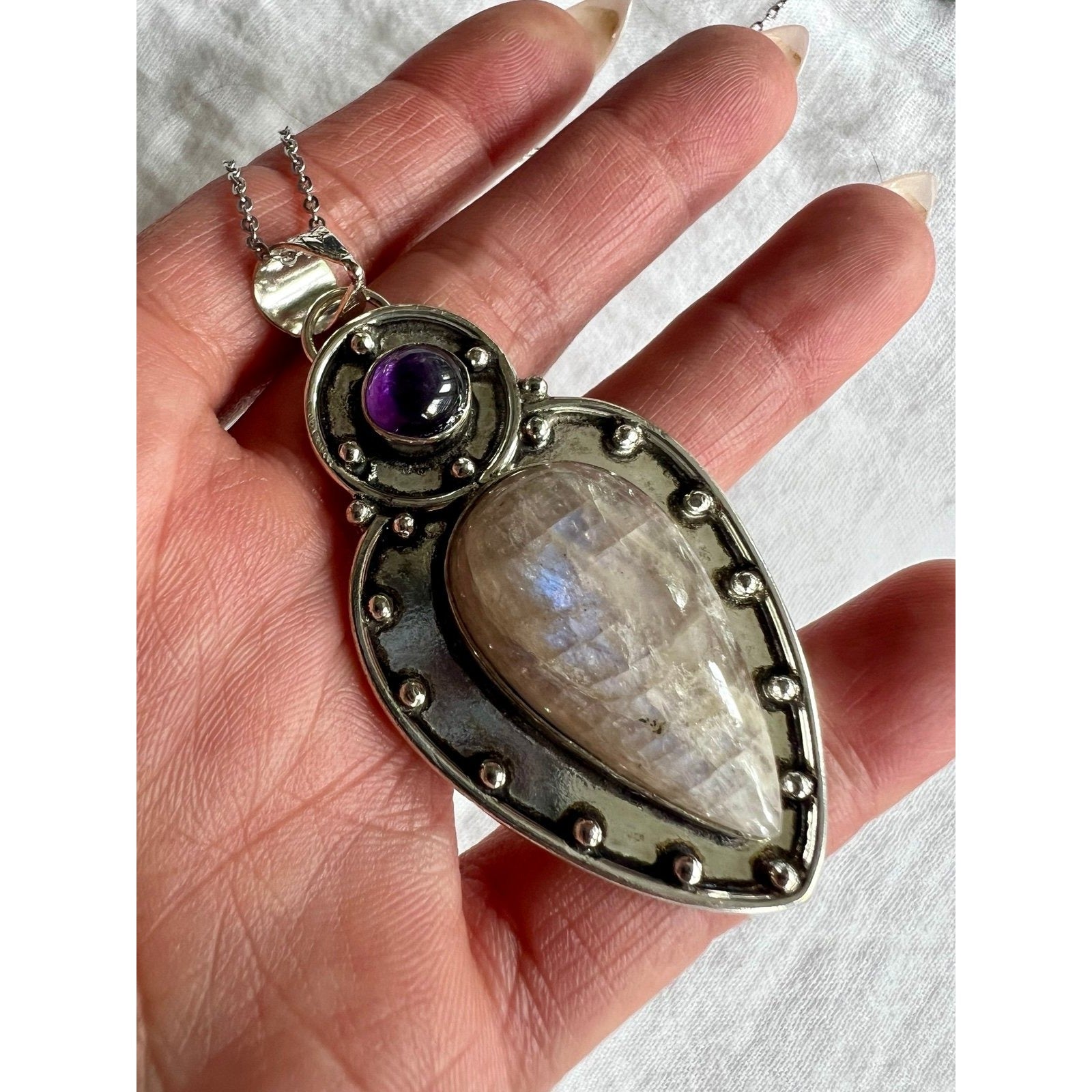 925 Heart + Solar Purple Flash Peach Moonstone Pendant Necklace