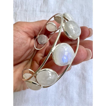 925 Rainbow Flash Moonstone Orbit Cuff Bracelet