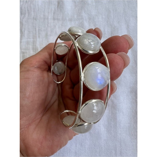 925 Rainbow Flash Moonstone Orbit Cuff Bracelet