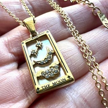 18k Gold Overlay “The Moon” XVIII Tarot Card Necklace Pendant