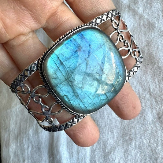 925 Aqua Blue FIRE Flash Labradorite Cuff Bracelet