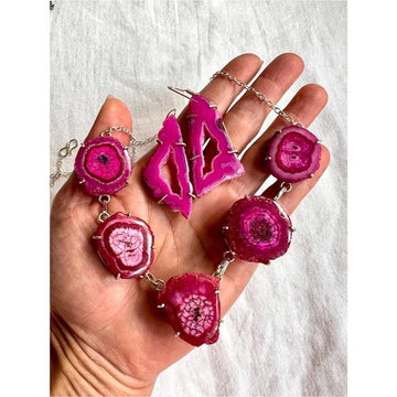 925 BRIGHT PINK Solar Quartz Agate Necklace Earrings Set