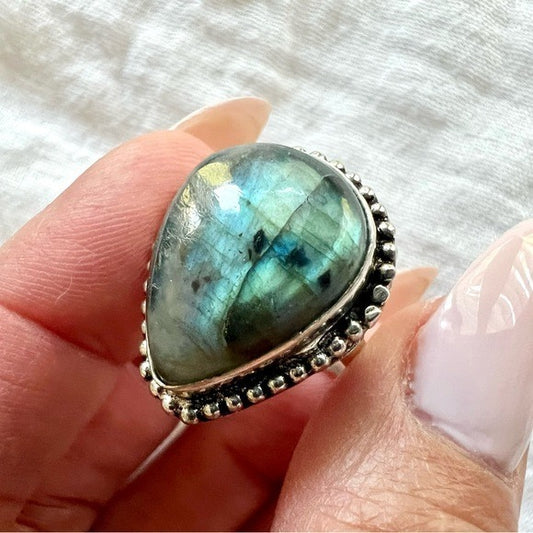 925 Flash Labradorite Teardrop Ring 6.5