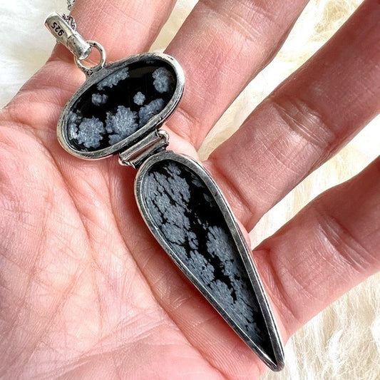 925 Dagger Snowflake Obsidian Pendant Necklace