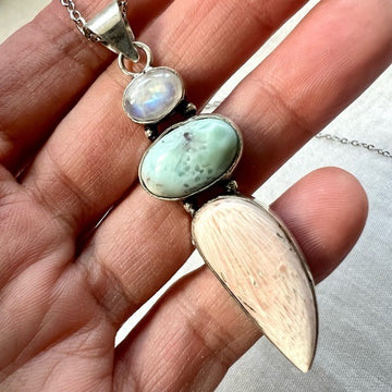 925 OMG Rainbow Flash Moonstone + Larimar + Scolecite! Pendant Necklace