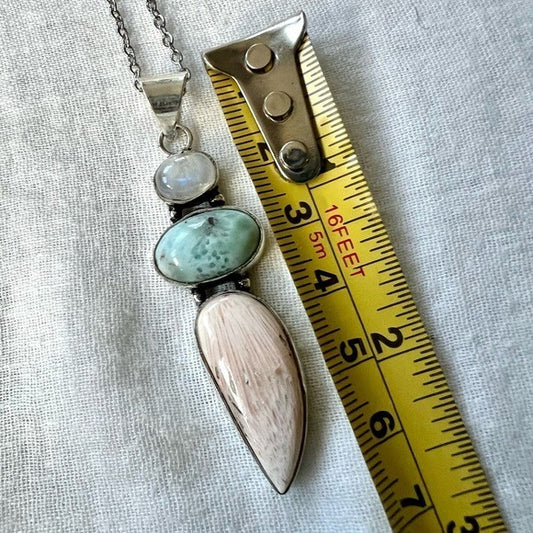 925 OMG Rainbow Flash Moonstone + Larimar + Scolecite! Pendant Necklace
