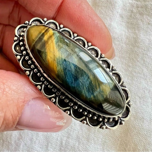 925 STUNNING! Blue Black Brown Tigers Eye Ring 9.25