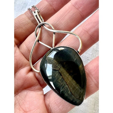 925 STUNNING Blue Black Brown Tigers Eye Braided Pendant Necklace