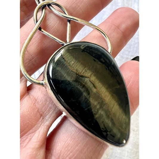925 STUNNING Blue Black Brown Tigers Eye Braided Pendant Necklace
