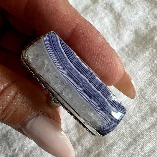 925 GORGEOUS Quartz Crystal + Banded Blue Agate Ring 6