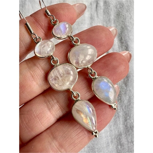 925 Lunar Vibes Rainbow Flash Moonstone long Earrings
