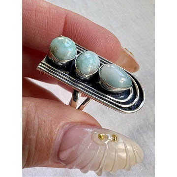 925 Triple Caribbean Larimar Long Ring 9.5