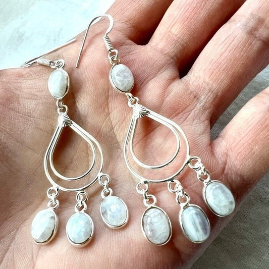 925 Feminine Flash Moonstone Chandelier Earrings