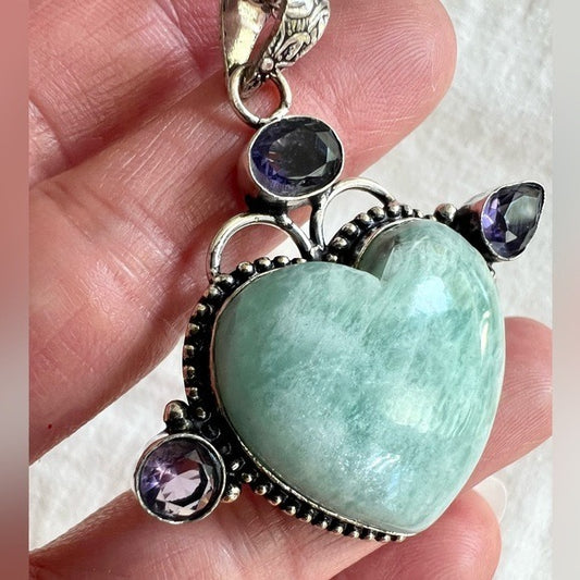 925 WOW! Iridescent AMAZONITE Heart ❤️ Pendant Necklace