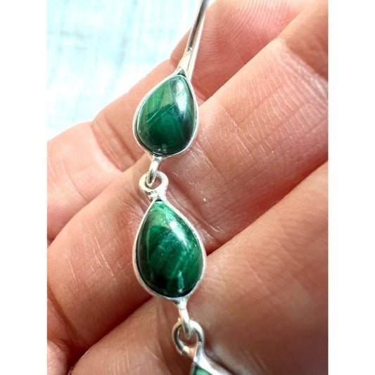 925 Malachite 3 Stone Dangle Earrings