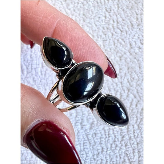 925 Natures Shield Triple ONYX Long Ring 5