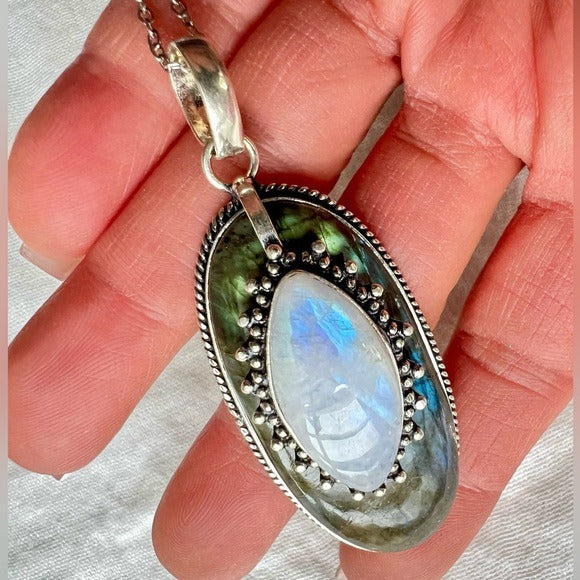 925 Layered Dark Flash Labradorite + Rainbow Flash Moonstone Necklace Pendant