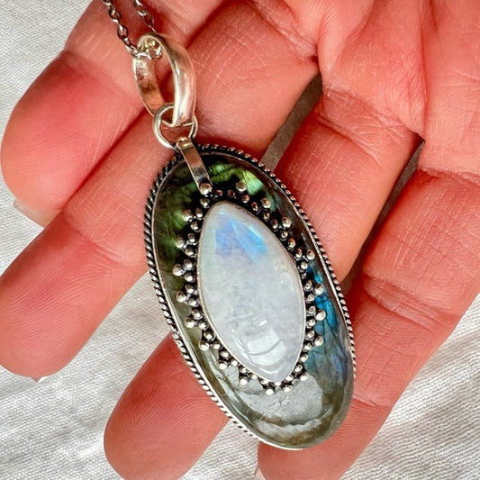 925 Layered Dark Flash Labradorite + Rainbow Flash Moonstone Necklace Pendant