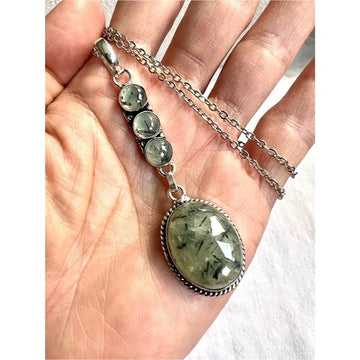 925 OOAK Moss Prehnite Long Cleavage Pendant Necklace