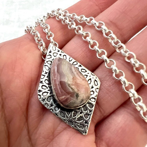 925 Heart Chakra Embossed Rhodochrosite Pendant Necklace