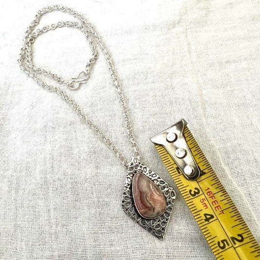 925 Heart Chakra Embossed Rhodochrosite Pendant Necklace