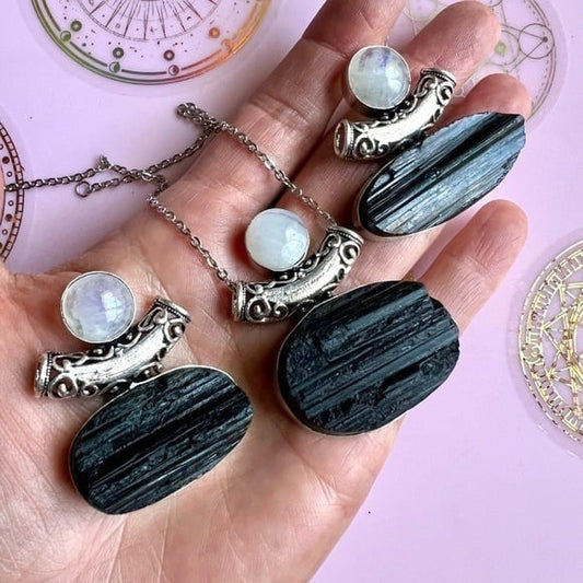 925 Yin Yang YOU CHOOSE! Raw Black Tourmaline + Moonstone Pendant Necklace
