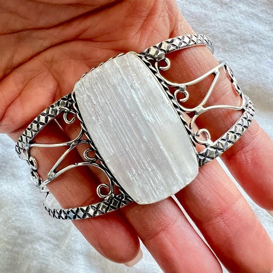 925 RAW Selenite Crystal Charging Cuff Bracelet