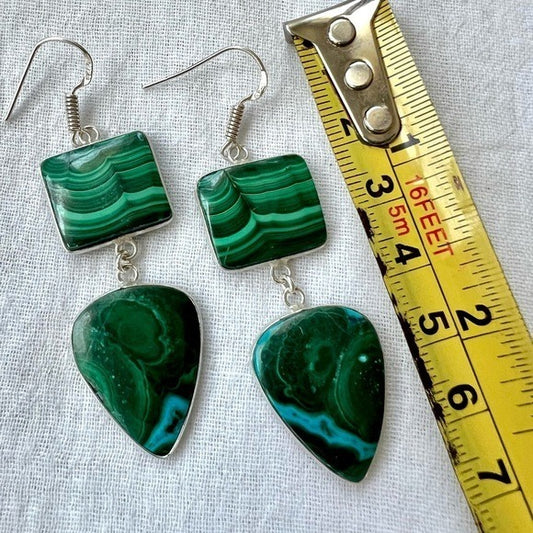 925 OMG WOW! Stunning Malachite w/ Chrysocolla Long Earrings