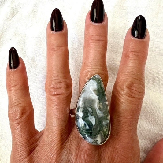 925 EARTH STONE Moss Agate Dendrite Ring 11.5
