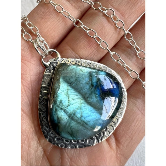 925 AQUA BLUE Bright Flash Labradorite Pendant Necklace