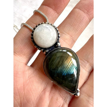 925 Dynamic Duo! Rainbow Flash Moonstone + Labradorite Pendant Necklace