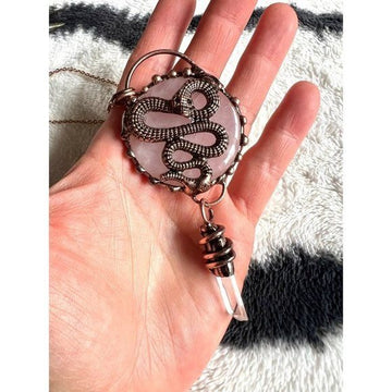 Divine LOVE Rose Quartz + CLear Quartz Point Serpent Snake Pendant Necklace