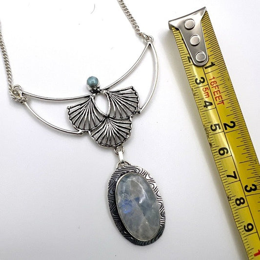 925 Ornamental Rainbow Flash Moonstone + Larimar Pendent Necklace