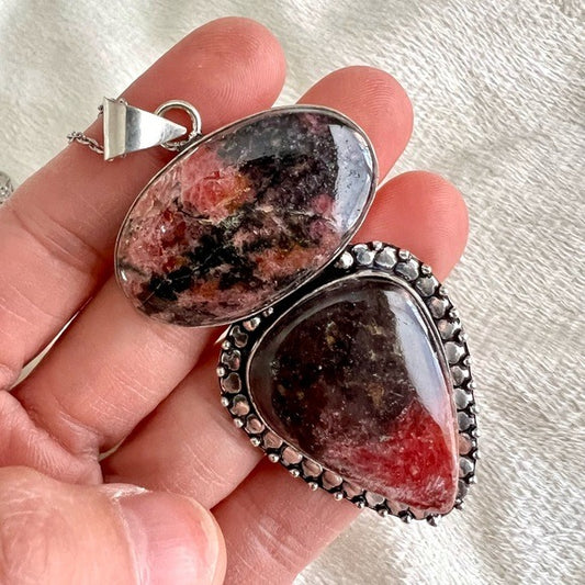 925 LOVE Huge Double Rhodonite Pendant Necklace