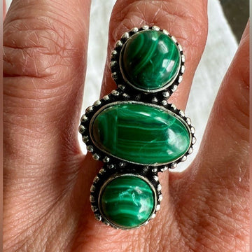 925 Triple Malachite Heart Chakra Ring 7.5