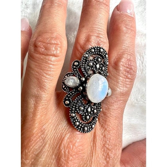 925 STUNNING! 3 Stone Rainbow FLASH Moonstone Ring 9 1/4