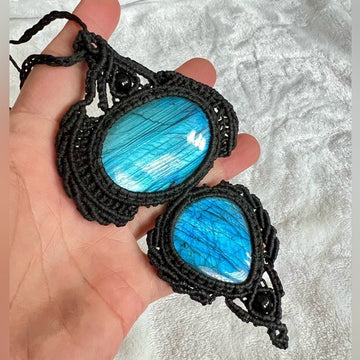 MASSIVE Double BLUE Flash Labradorite Handwoven Hemp Necklace