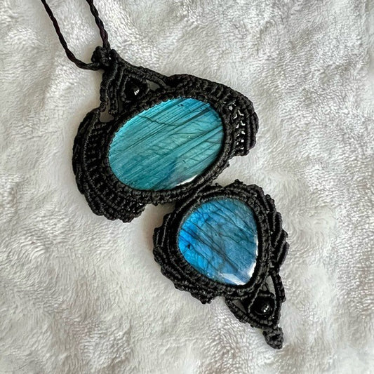 MASSIVE Double BLUE Flash Labradorite Handwoven Hemp Necklace