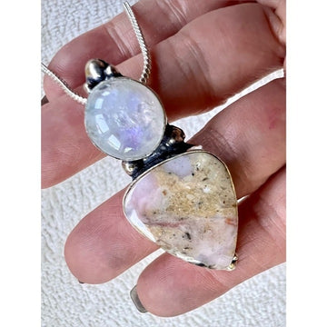 925 Pink Peruvian Opal + Rainbow Flash Moonstone Pendant Necklace