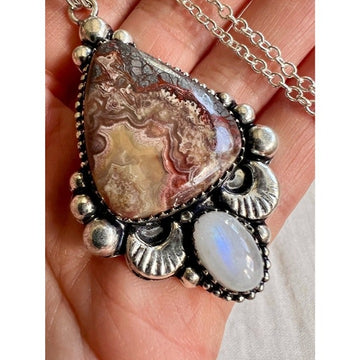 925 OMG wow! Crazy Lace Agate + Flash Moonstone Pendant Necklace