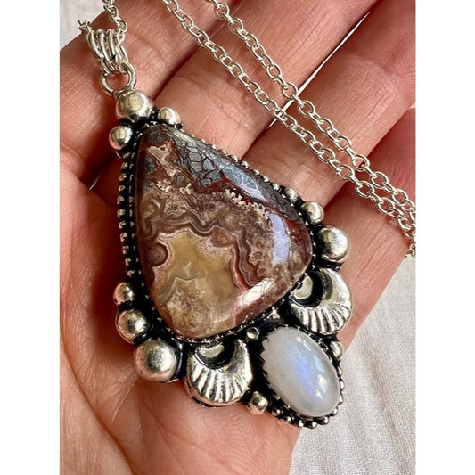 925 OMG wow! Crazy Lace Agate + Flash Moonstone Pendant Necklace