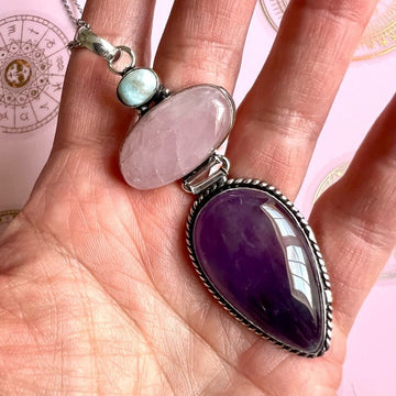 925 Gorgeous! Larimar Amethyst Rose Quartz Pendant Necklace