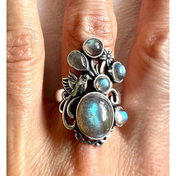 925 Bird + Flower Flash Labradorite Ring 6, 7, 8, 9, 10.5