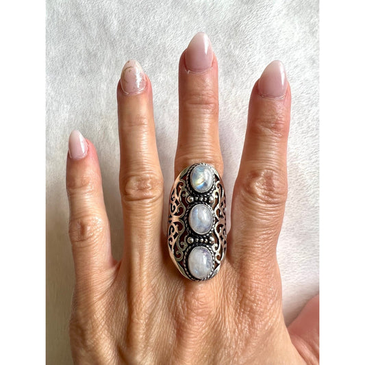 925 Rainbow Flash 3 Stone Moonstone Ring 6.5, 7.25, 8, 9.5