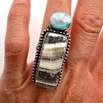 COPY - 925 African Zebra Calcite + Rainbow Flash Moonstone Ring 6.25